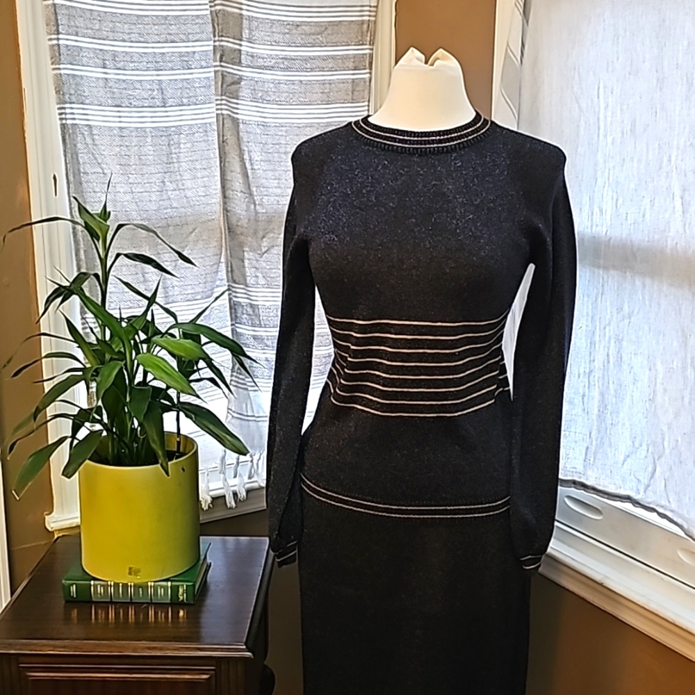 Vintage 70s David Pik Black & Gold Long Sleeve Shirt and Midi Skirt